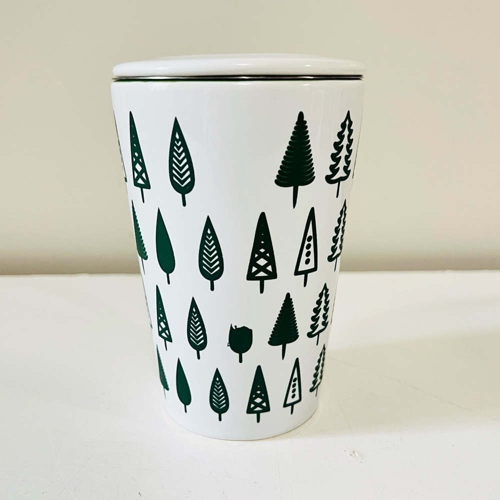 David’s Tea White and Green Tree Pattern Mug with Lid and Tea Infuser - Picture 2 of 8
